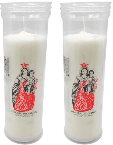 Acan Tradineur Lot de 2 bougies saintes Notre-Dame du Carmen, bougies liturgiques en paraffine et cire végétale, décoration d'églises, cimetières, tombes (Blanc - 18,3 cm)