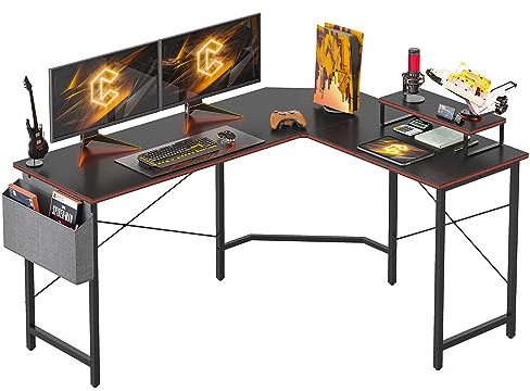 Cubiker Gaming Tisch Eckschreibtisch 150x120cm, Schreibtisch mit Monitorständer und Seitlicher Aufbewahrungstasche, Gaming Schreibtisch L Form, Computertisch, Kohlefaser Schwarz
