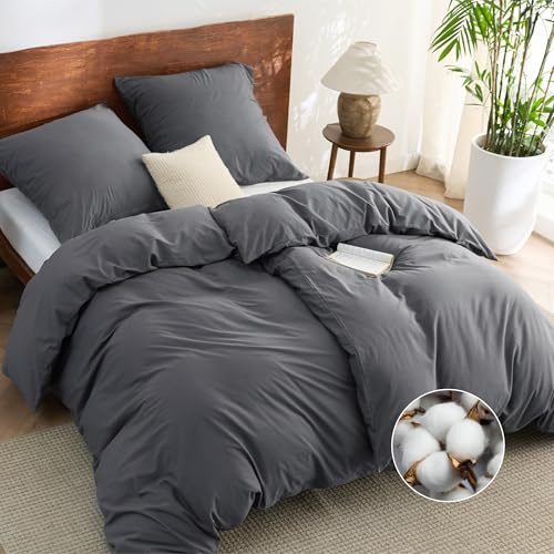 BEDSURE Ropa de cama de 135 x 200 cm, algodón de 4 piezas, color antracita, juego de 2 unidades con 2 fundas de almohada de 80 x 80 cm, textura similar al lino lavado, Öko-Tex, color gris con
