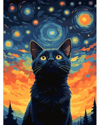 Modojuny pintura por números para adultos y niños, Paint by Numbers Kit con pigmento acrílico y pinceles, regalo y decoración de pared, gato negro de 30 x 40 CM (sin marco) – más de 9 años