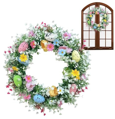 Oeufs De Paques Decoration Couronne, 35cm Couronne De Paques Porte avec Fleurs Et Œufs, Couronne De Porte Printemps Été, Couronne De Fleurs Artificielles Couronne De Porte pour Pâques Decoration