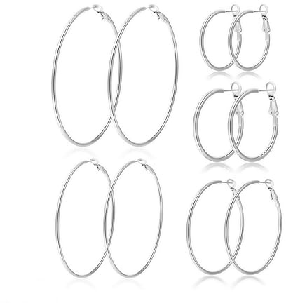 Heanvmyss Boucles d'Oreilles Créoles en Acier Inoxydable,5 Paires Creoles Argent,Boucles d'Oreilles Hypoallergéniques,Grand Cerceau Tendance Bijoux Cadeaux pour Femmes Fille(30/40/50/60/70mm)