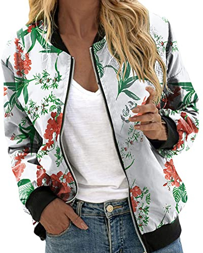 SDGR Veste Fleurie Femme mi Saison, Veste Bomber Femme Printemps Blouson Été Legere Manteau à Manches Longues Décontracté Zippé Jacket Parka Casual Sport Outwear