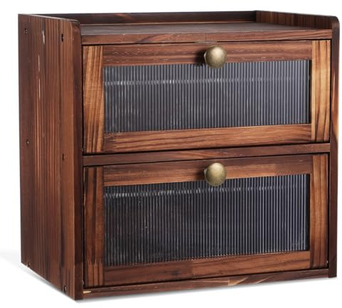 TOPBATHY Wooden Bread Box Wood Double Layer Bread Bin - Rustic Kitchen Storage Holder for Food Large Capacity Countertop Organizer Easy Clean Design