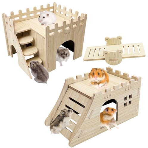 BNOSDM Hamster Hideout Set Gerbil Wooden House with Stairs Wood Hide Hut with Fun Slid Seesaw Cage Accessories for Dwarf Hamsters Mouse Mice