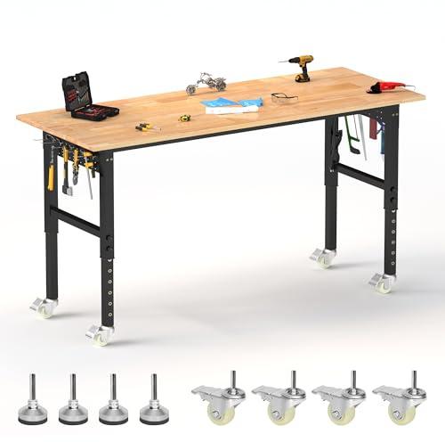 BETISEF 70’’ Work Bench Adjustable Workbench Heavy Duty Work Table with Power outlets, Pegboard, Wheels and Foot Pads, 2000 Lbs Capacity Hardwood Work Benches for Garage, Workshop, Office, Home