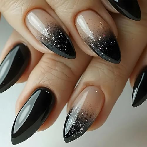 Nymora 24 Unghie Press On Nere da Applicare, Unghie Artificiali a Forma di Mandorla per Donne e Ragazze, Unghie Stiletto a Lunghezza Media con Glitter, Kit Jelly Gel Wear