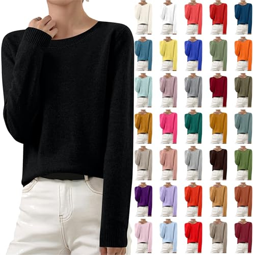 Autumn Sweaters Women Round Neck Long Sleeve Women's Jumpers Casual Ladies Tops Pullover Warm Regular Fit Women's Sweatshirt Knitted Soft Cashmere Ladies Stretch Solid Jumpers for Women UK