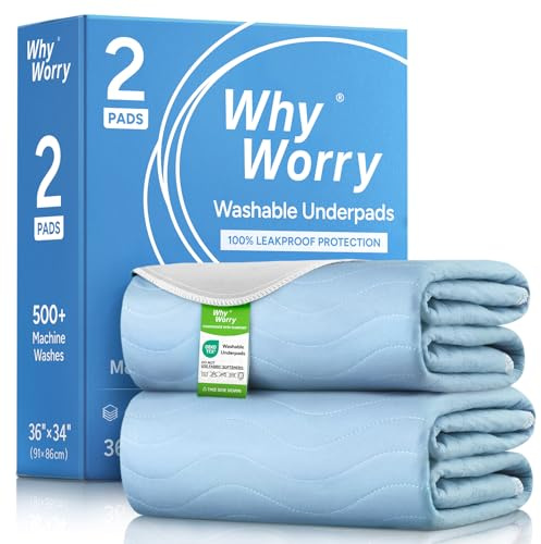 WhyWorry Empapadores Cama Adultos Lavables 86 x 91 cm para Incontinencia, Protector Cama Impermeable Reutilizable Absorbente, Salvacamas Impermeable, 4 Capas de Protección, Oeko-Tex, Azul, 2 Unidades