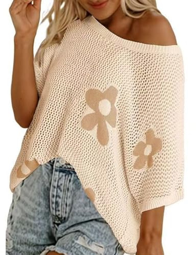 QXQLSH – Haut bohème en crochet pour femme, épaules dénudées, manches courtes, pull d'été décontracté en tricot à motif floral, pull léger et ample