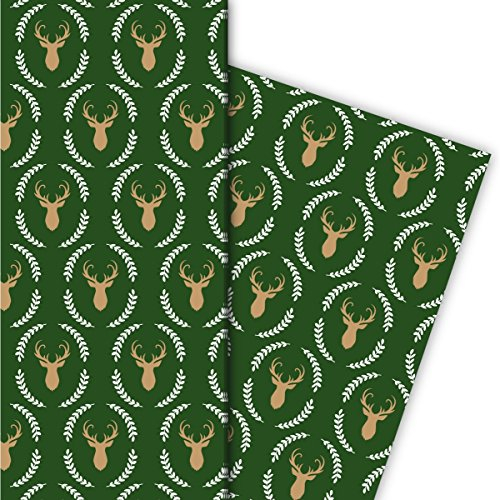 Kartenkaufrausch Elegantes Hirsch Geschenkpapier Set mit Hirsch Silhouette im Lorbeer Kranz nicht nur zu Weihnachten, grün, für tolle Geschenk Verpackung, Designpapier, 4 Bogen, 32 x 48cm