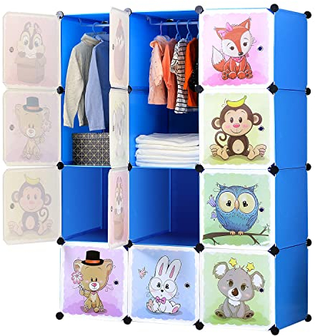 BRIAN & DANY Erweiterbares Kinderregal Kinder Kleiderschrank Stufenregal Bücherregal mit Türen & 2 Aufhängern, tiefere Fächer als normal (45 cm vs. 35 cm) für mehr Platz, 110 x 47 x 147 cm Blau
