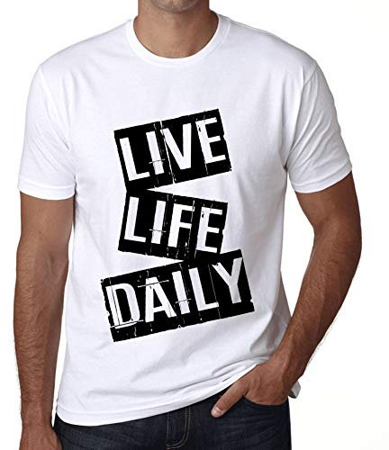 Camiseta Estampada para Hombre Vivir La Vida Cotidiana – Live Life Daily – T-Shirt Vintage Manga Corta Regalo Original Cumpleaños Diseño Gráfico Moda Blanco XL