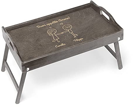 Maverton Tavolino da Letto per Colazione Personalizzato a Laser - Tavolo Pieghevole Grigio in Legno con Manici - Vassoio Multifunzione - idee regalo per anniversario, matrimonio - Buon appetito