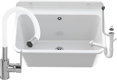 Granitan Ausgussbecken für Garage Keller Werkstatt - Universal Waschtrog mit Siphon - Waschbecken mit Abtropfschale Wandmontage aus Polypropylen - 61x41x30 cm (Weiß + FLEX Waschtischbatterie)