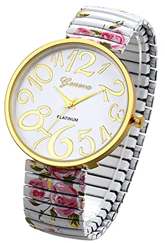 JewelryWe Einfache und modische Damenuhr, sehr klar und leicht zu lesen, großes Digitalzifferblatt, praktische Uhr mit elastischem Armband, Blumendruck, einfach zu tragen, weiß, Armband