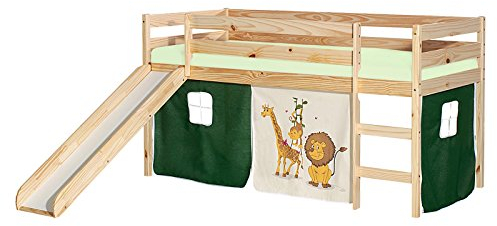 IDIMEX Hochbett mit Rutsche BENNY Kinderbett Spielbett Holzbett mit Vorhang mit Motiv Dschungel, Kiefer massiv Natur lackiert, 90 x 200 cm