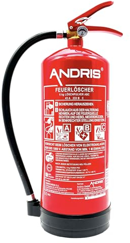 6kg ABC Pulver Feuerlöscher mit Manometer - sehr stark - 15LE, inkl. Wandhalterung, Standfuß & ANDRIS® Prüfnachweis mit Jahresmarke