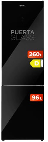 EVVO Frigorífico Combi No Frost, Capacidad Frigorífico 257 L Congelador 94 L, Motor Inverter, 60cm de Ancho, Clase energética D, Multi Air Flow, Luz Interior LED, Panel LED táctil, F60B Glass (Negro)