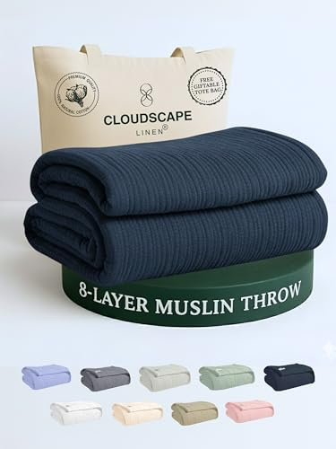 CLOUDSCAPE 8 Layer Muslin Throw Blanket - 100% Cotton, Soft 50x70 Size for Couch, Sofa, Bed Throw - All Season Gifting Lightweight Breathable Gauze Layering Summer Blanket for Adults - Ensign Blue