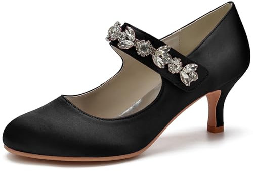 Women's Mary Jane Kitten Heel Pumps Round Closed Toe Mid Low Heel Bridal Dress Shoes Rhinestones Office Work Party Wedding Shoes,Black,5 UK