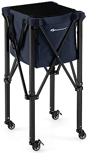 GYMAX Carrello Porta Palline da Tennis Pieghevole in Alluminio e Tessuto Oxford con Capacità di 150 Palline e Sacca Rimovibile, Carrello da Tennis con Ruote per Allenamento, Blu