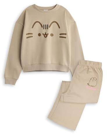 Pusheen Ensemble sweat-shirt et pantalon de jogging pour filles | Pull et bas à imprimé graphique Big Pusheen pour enfants en beige