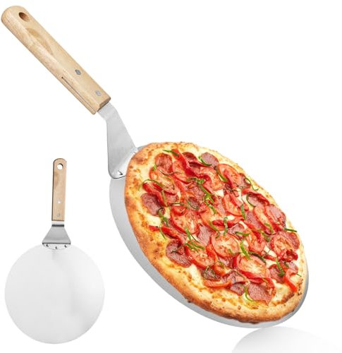 WIYETY Pala per pizza in acciaio inox, 8 pollici, con manico in legno, pala rotonda per pizza, accessori per pizza fatti in casa, pane, torte, rotonda, 44 cm