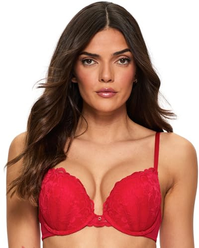 Ann Summers Sexy Lace Padded Boost Bra, A-DD Cup, Curve-Enhancing Womens Underwear with Graduated Push-Up Cups, Underwire Support & Plunge Fit for Double Cleavage Boost Red - Womens Lingerie