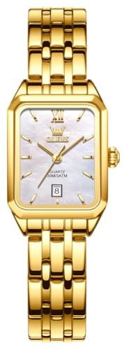 OLEVS Women's Watch Gold Stainless Steel Rectangular Dial Small Wrist Watch for Women Classic White Analog Quartz Womens Watch Waterproof Elegant Casual with Date Dress Ladies Watches