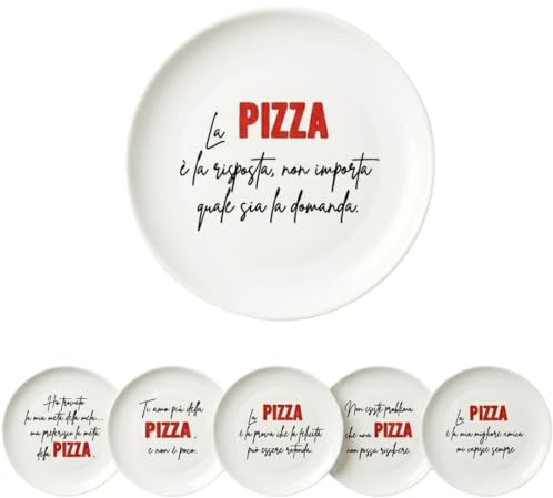 Tata Home Set 6 Piatti per Pizza Grandi con Decorazioni Scritte e Frasi Moderni in Porcellana Mod. Happy Shabby