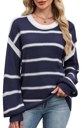 Quatrefox Jumpers Sweater Women Winter Fall Knitted Striped Jumper Low Shoulder Long Sleeve Pullover Ladies Crew Neck Warm Tops Knit Color Block Sweaters Casual Knitwear (Navy Blue, XXL)