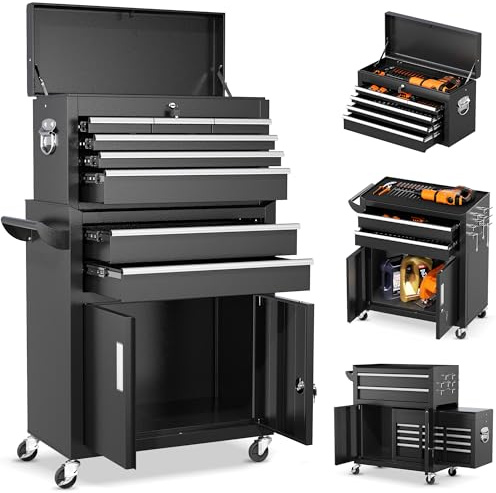INTERGREAT 8-Drawers Rolling Tool Chest, Assembled Tool Chest with Wheels, Detachable Top Tool Box, Tool Cabinet for Repair Room,Warehouse, Rolling Tool Box with Hooks,Tray Divider,Liners(Black)
