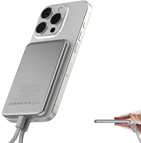 Power Bank 5000mAh, 15W Inalámbrico Bateria Portatil Magnética, PD 20W USB C Carga Rapida Bateria Externa con Luz indicadora LED, Carga rápida Cable, Powerbank para iPhone 17/16/15 Series(Plata) 2026