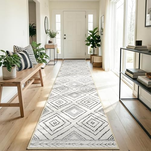 DEFYNEE Alfombra Pasillo 80 x 300 cm, Alfombra Antideslizante para Cocina, Alfombra de Pelo Corto, Lavable, Plegable, Diseño Boho, para Pasillo, Cocina, Salón y Oficina, Negro y Blanco