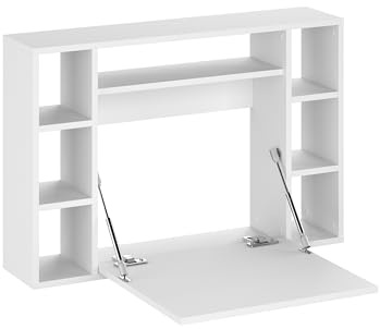 Shefa Line Maris Wall Mounted Folding Desk, Drop-Leaf Floating Computer Table, Space-Saving Workstation for Home Office, Bedroom or Kitchen – White