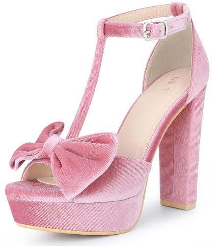 Perphy Velvet Bow Knot Heels T-Strap Platform Chunky High Heel Sandals for Women Pink 8 UK/Label Size 10 US