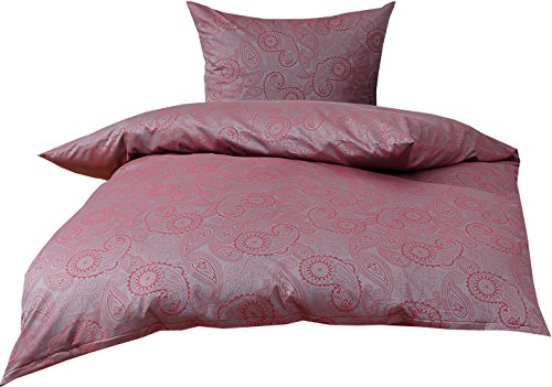 Mako Satin Damast Paisley Bettwäsche Garnitur Davos 135x200 + 80x80 rot - grau