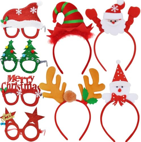 JOYIN 8er Pack Weihnachts Haarreif & Brillen Set, 4 Haarreifen & 4 Partybrillen, Kostüm Zubehör für Erwachsene, Deko