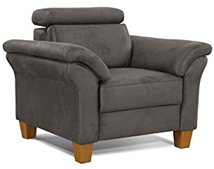 Cavadore Sessel Ammerland / Polstersessel im Landhausstil mit Federkern + verstellbarer Kopfstütze / 101 x 84 x 93 / Wildlederoptik, Grau