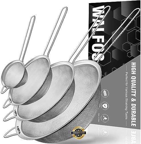 Walfos Fine Mesh Strainers Set, Premium Stainless Steel Colanders and Sifters, with Reinforced Frame and Sturdy Handle, Perfect for Sift, Strain, Drain and Rinse Vegetables, Pastas and Tea - 4 Sizes