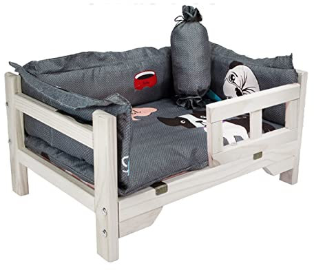 JLXJ Luxury Puppy Dogs Bed Wooden Frame with Fence, Elevated Pets Sofa Cots, Removable Washable Soft Mattresses, Winter Summer Use (Color : Grey)
