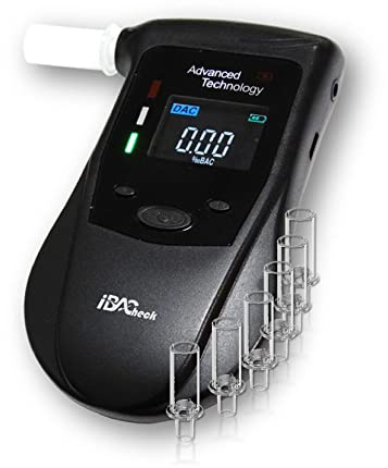 iBACheck Color Display Alkoholtester med varningsfunktion. Alkomätare med uppladdningsbart batteri, Realtidsklockfunktion med låg standbyeffekt. Andningsanalysator med 10 minnen & 6 munstycken