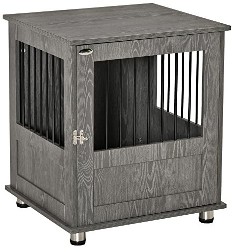 PawHut Dog Crate Furniture End Table, Pet Kennel for Small Dogs with Magnetic Door Indoor Animal Cage, Grey, 60 x 55 x 70 cm