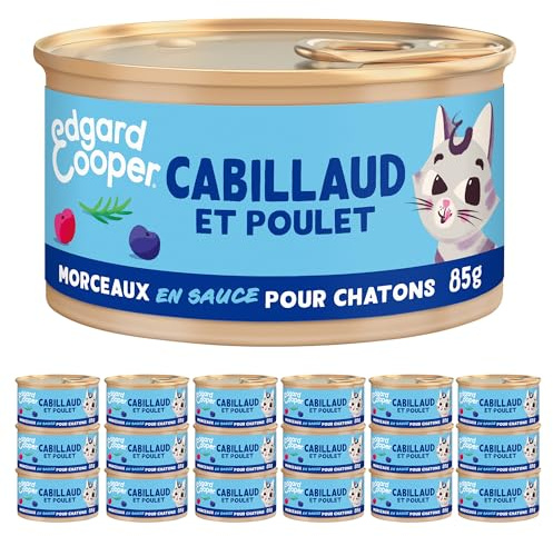 Edgard & Cooper Morceaux en Sauce pour Chaton Stérilisé, Cabillaud Poulet 18 x 85g, Nourriture Humide Sans céréales, Pate Riche en protéines, Sans sucres ajoutés