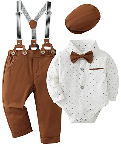 Amissz Vêtements Bébé Garçon Ensemble Gentleman, Tenue Bapteme Bebe Garcons Mariage Ceremonie Costume Bretelles Pantalons + Chemise + Nœud Papillon Blanc, 6-12 mois