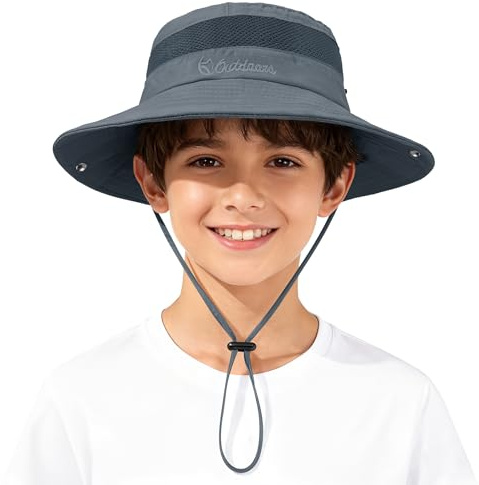 Zando Boys Sun Hat Outdoor Kid Sun Hat UPF 50+ Adjustable Quick Dry Breathable Handiness Windproof Waterproof Wide Brim Mesh Bucket Hat for Kids Fishing Safari Family Trip Hat Dark Grey 5-13 Years