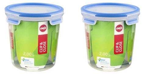 Emsa 508553 Clip & Close Frischhaltedose | Rund | 2,0 Liter | Clip-Verschluss | Kunststoff | Transparent/Blau, 1 Stück (2er Pack)