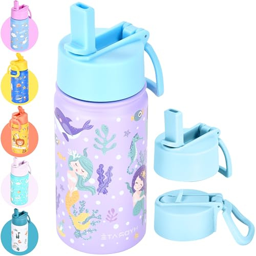 HYDRATE Stainless Steel Water Bottle Kids - 350ml Stainless Steel, Leakproof - Safe to Use - Easy Grip for Children - Double Walled - Includes Fun Design - 18 x 7.5 cm - Mermaids, White