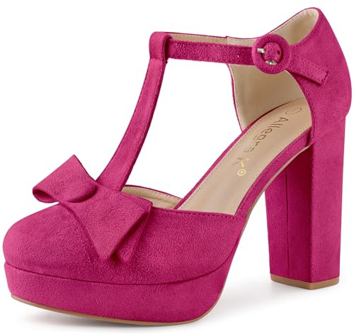 Allegra K Women's Round Toe Block Heel T Strap Pumps Hot Pink 6 UK/Label Size 8 US